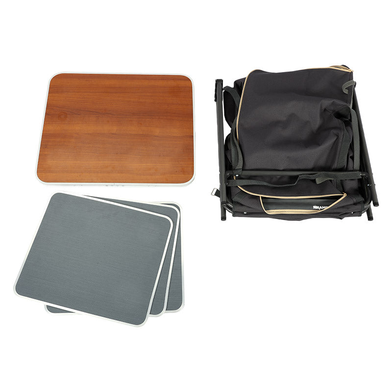 Two folding tables, one wooden and one gray, next to a black backpack on a white background.