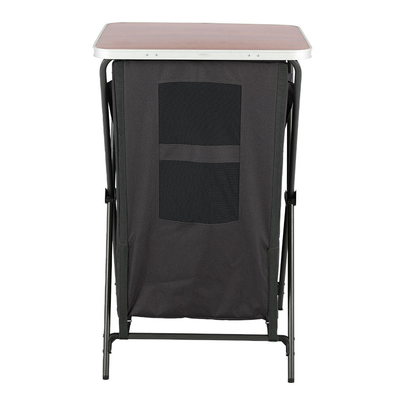 Folding table with a black mesh side panel on a white background