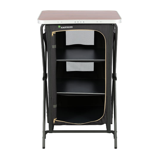 Black folding table with shelves and a pink top on a white background