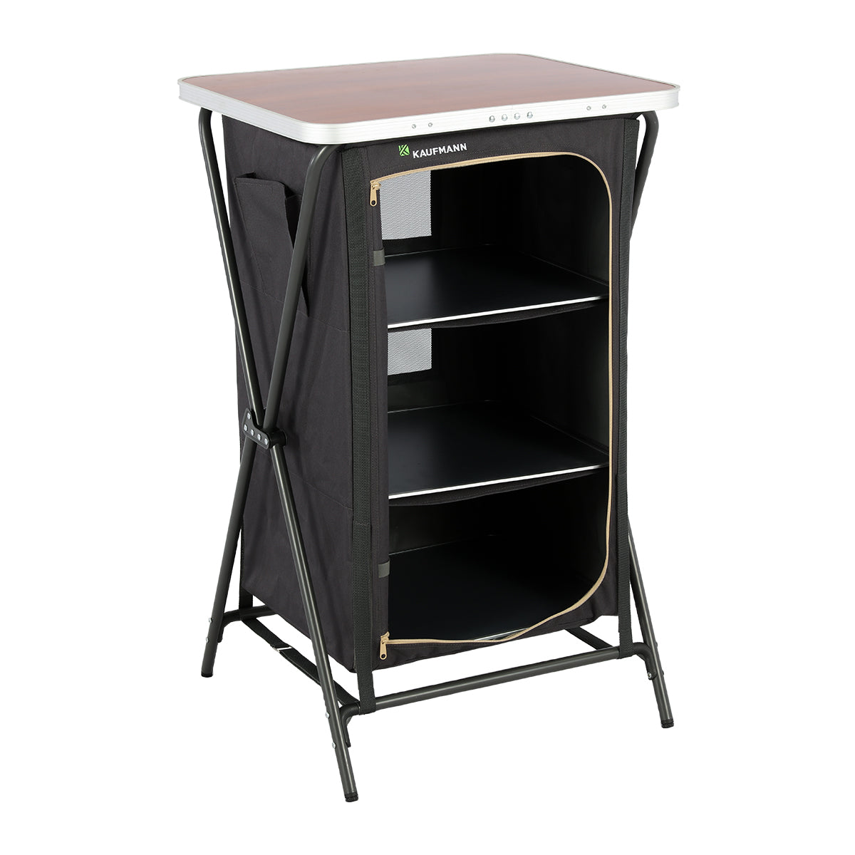 Portable folding table with storage compartment on a white background