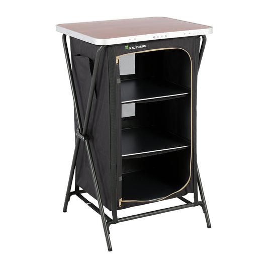 Portable folding table with storage compartment on a white background