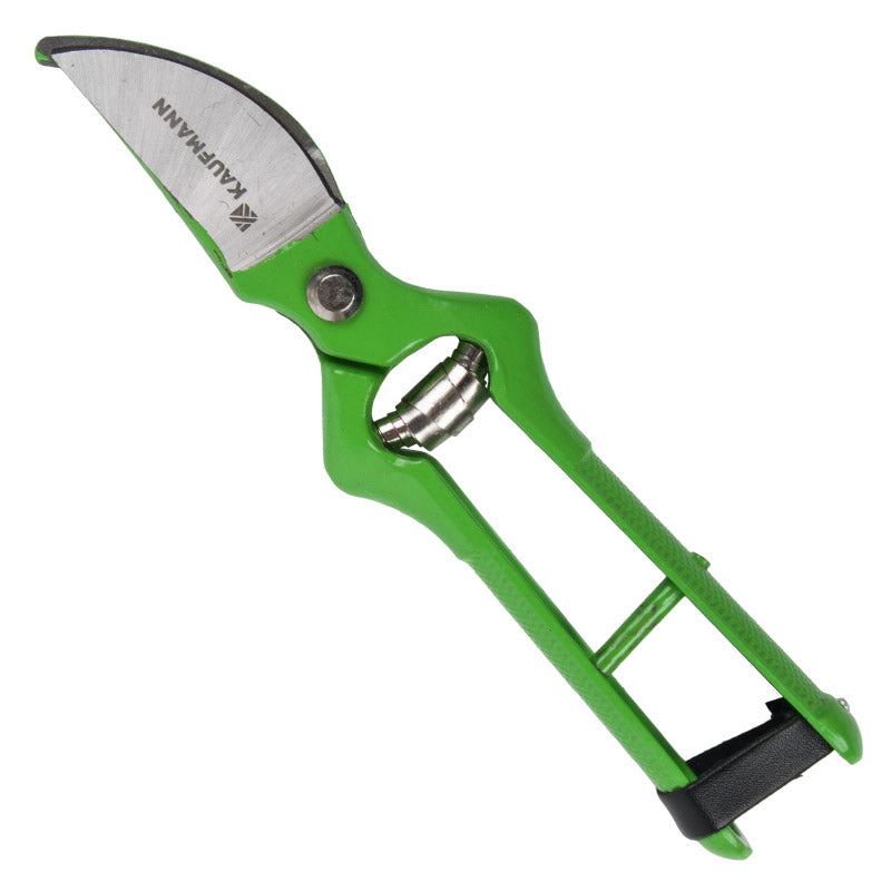 A pair of green Kaufmann Sunflower Secateur pruning shears with stainless steel blades.