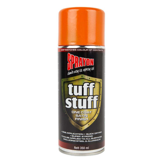 Spray can of tuff stuff spray paint with orange top on a white background