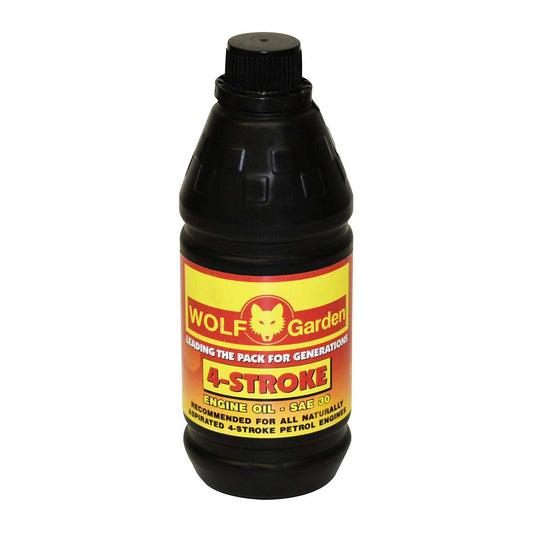 Black bottle of Wolf Garden 4-stroke engine oil with a yellow label on a white background