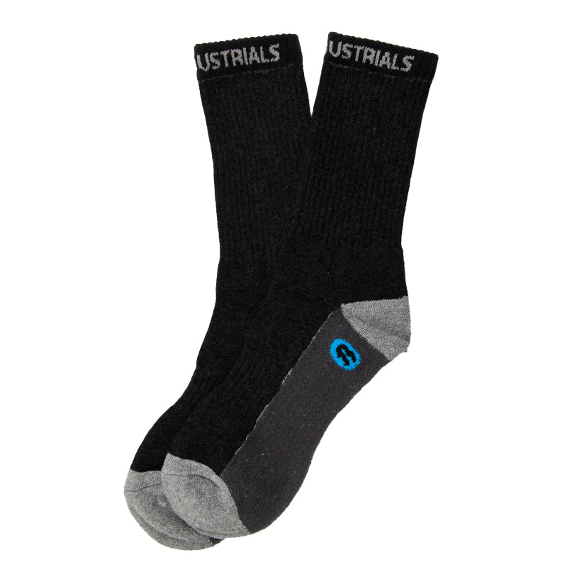 A pair of black Bata Industrial work socks with padding and compression design, featuring the brand logo in white on the cuff.