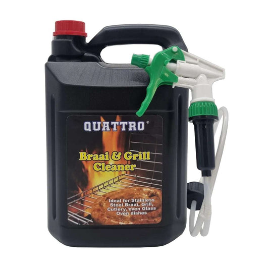 A black bottle of Quattro Braai & Grill Cleaner with a green and white spray nozzle attached.