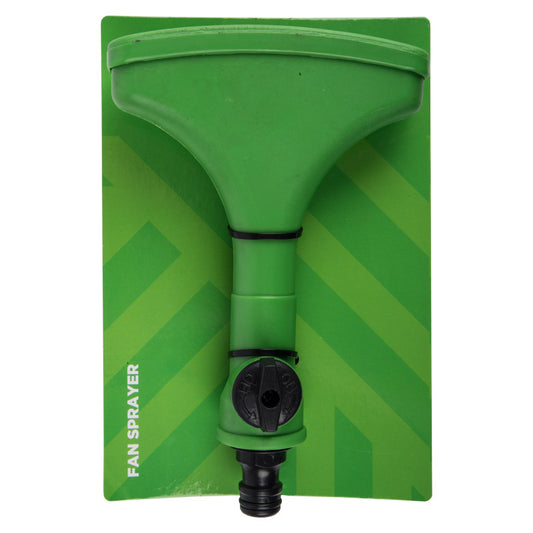 A green plastic fan sprayer head, designed for even watering of plants and gardens.
