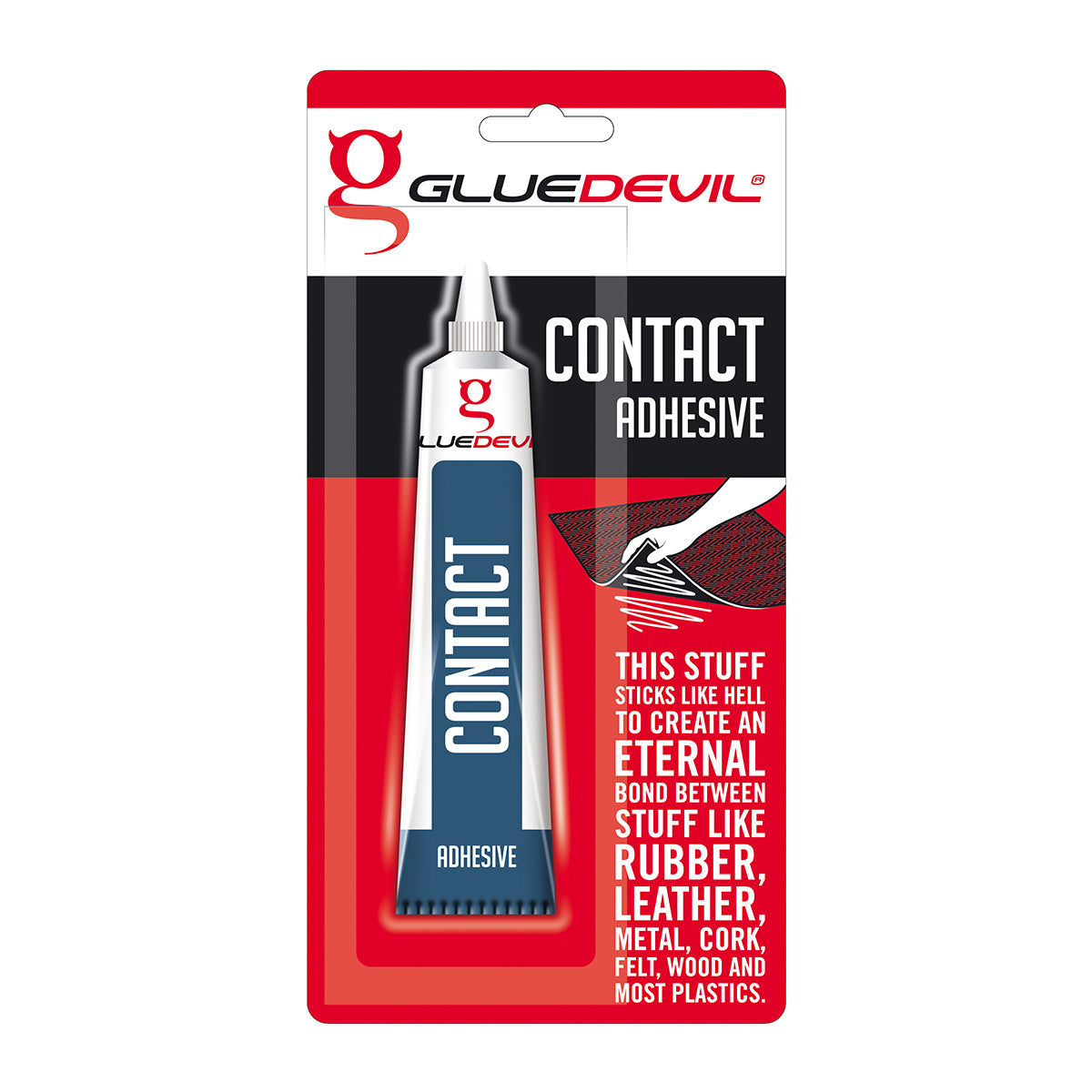 Glue Devil contact adhesive packaging on a white background