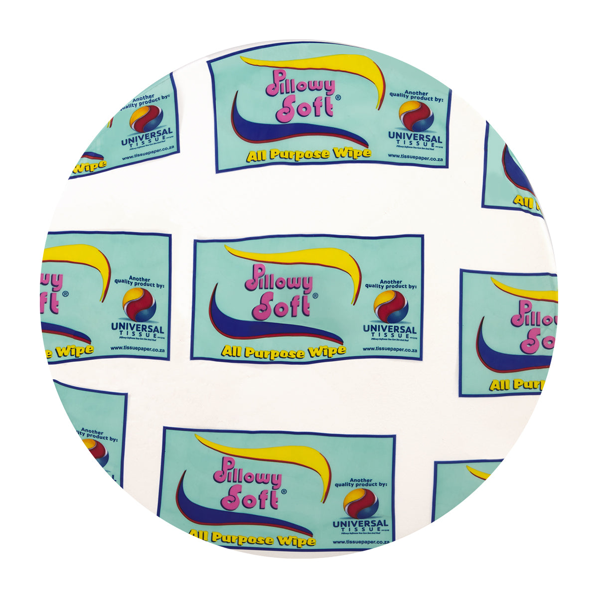 Packaging of Pillowy Soft paper wipe 1ply virgin 160mmx600m roll with branding and pattern.