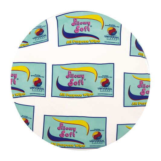 Packaging of Pillowy Soft paper wipe 1ply virgin 160mmx600m roll with branding and pattern.