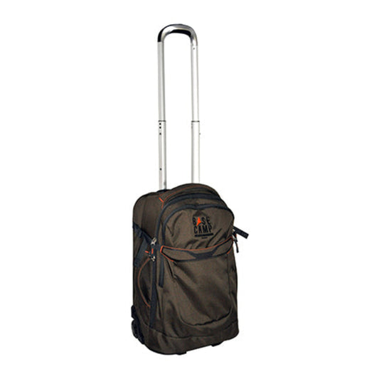 A brown Basecamp trolley duffle bag with a telescopic handle, multiple compartments, and a hard base.