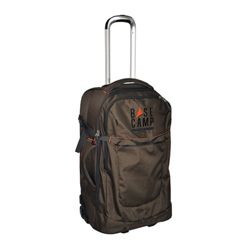 A brown Basecamp trolley duffle bag with a telescopic handle, multiple compartments, and a hard base.