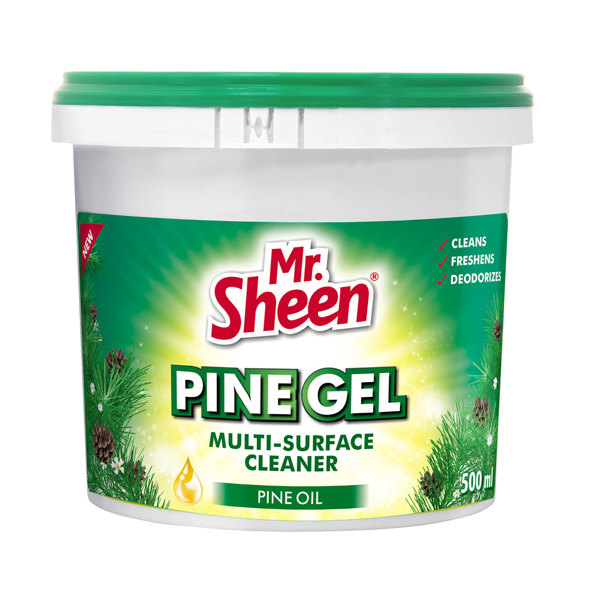 A container of Mr Sheen Pine Gel Multi-Surface Cleaner with a green lid and label featuring pine oil, designed for cleaning various surfaces.