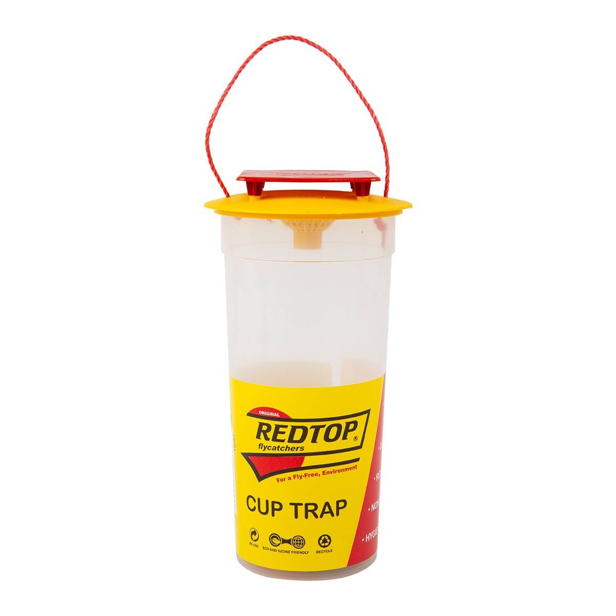 A Redtop Cup Trap, which is a reusable fly trap device, with a yellow body, red lid, and a red handle.