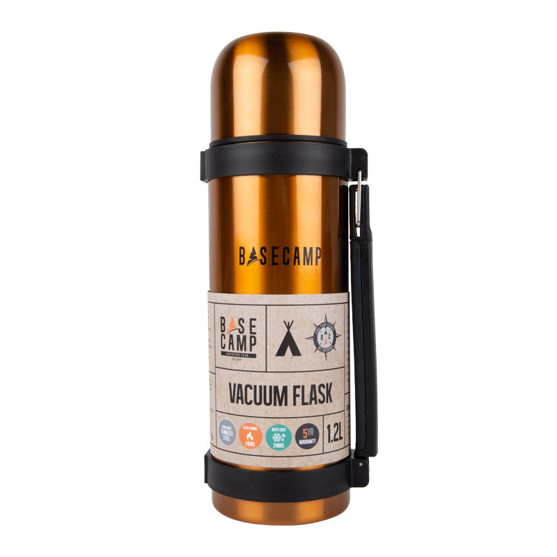 Vacuum flask with bronze finish and 'Basecamp' branding on a white background