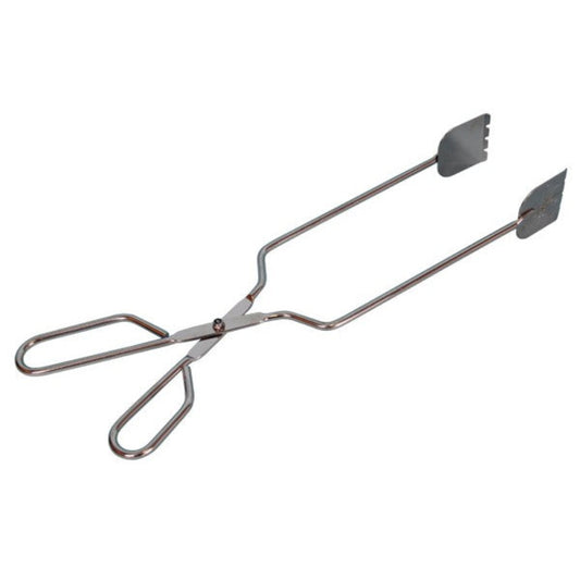 A pair of stainless steel braai tongs.