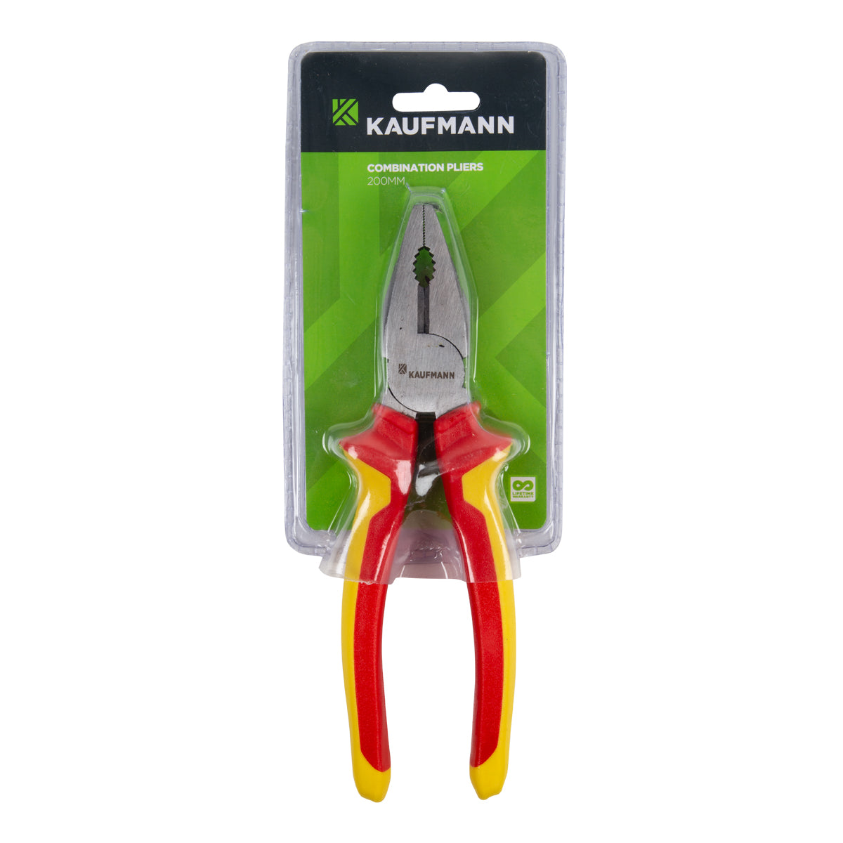 A package with a pair of Kaufmann X VDE combination pliers, featuring red and yellow insulated handles and a cutting jaw.