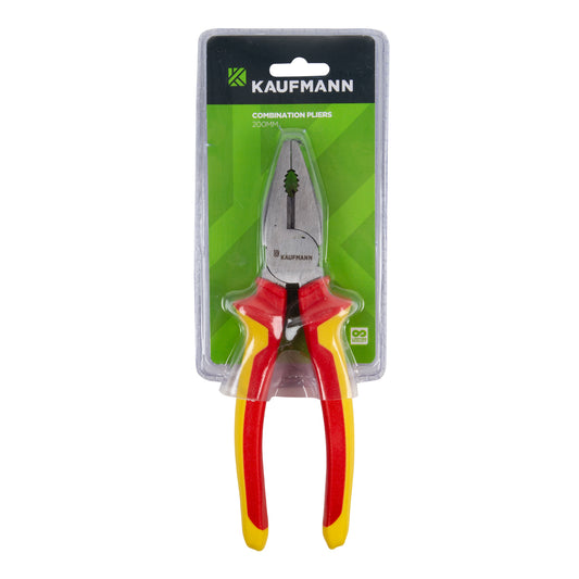 A package with a pair of Kaufmann X VDE combination pliers, featuring red and yellow insulated handles and a cutting jaw.