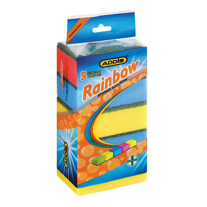 A pack of Addis scourer sponges in a variety of colors, presented in a packaging box with a colorful design and the brand name prominently displayed.