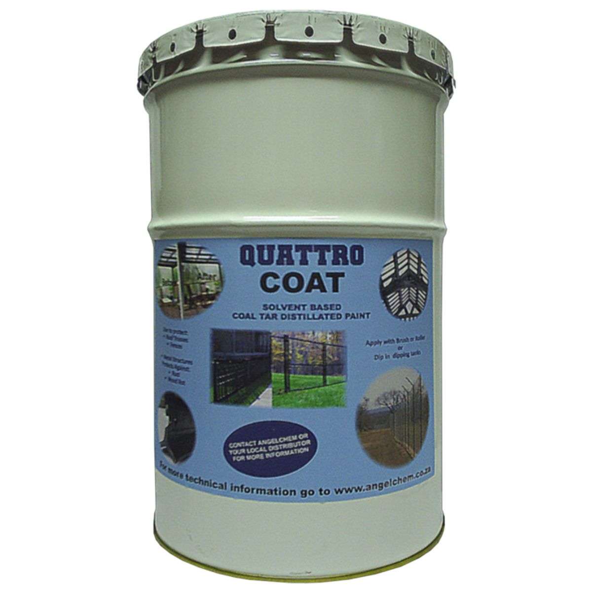 Quattro Coat paint can with blue label on a white background