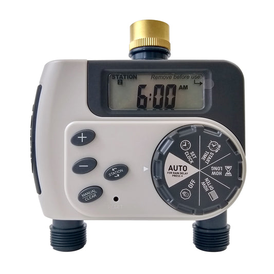 An Orbit Buddy II Tap Timer, with a digital screen, buttons for control, and two hose connections.