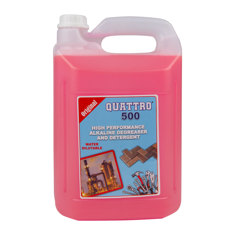 Pink container of Quattro 500 high performance alkaline degreaser and detergent on a white background