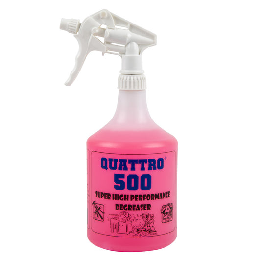 Spray bottle with white nozzle labeled 'Quattro 500' on a white background