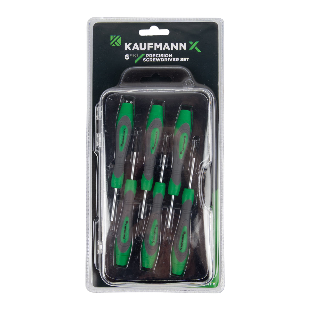 Packaged Kaufmann X Screwdriver Set containing 6 precision screwdrivers with green and black handles, displayed in a clear plastic case.