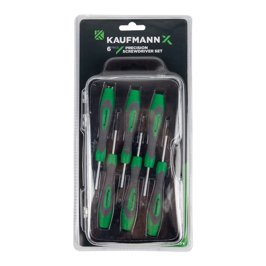 Packaged Kaufmann X Screwdriver Set containing 6 precision screwdrivers with green and black handles, displayed in a clear plastic case.