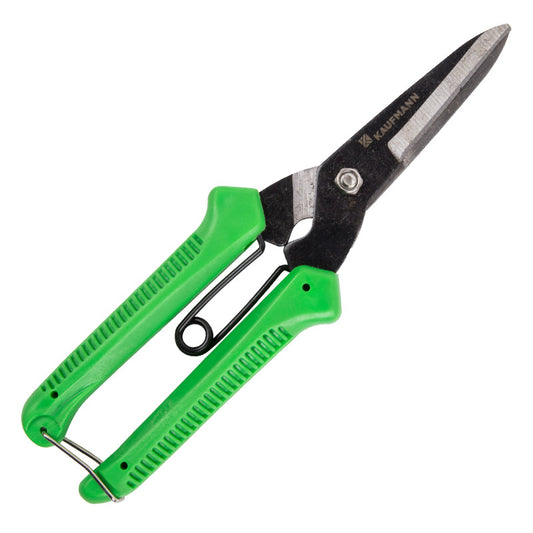 A Kaufmann grape secateur with green handles and a lockable mechanism.