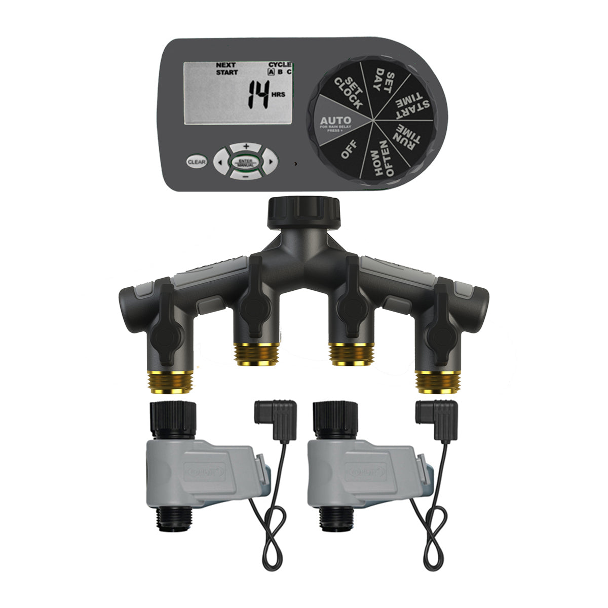 A garden watering control system with a central control unit connected to four hoses.