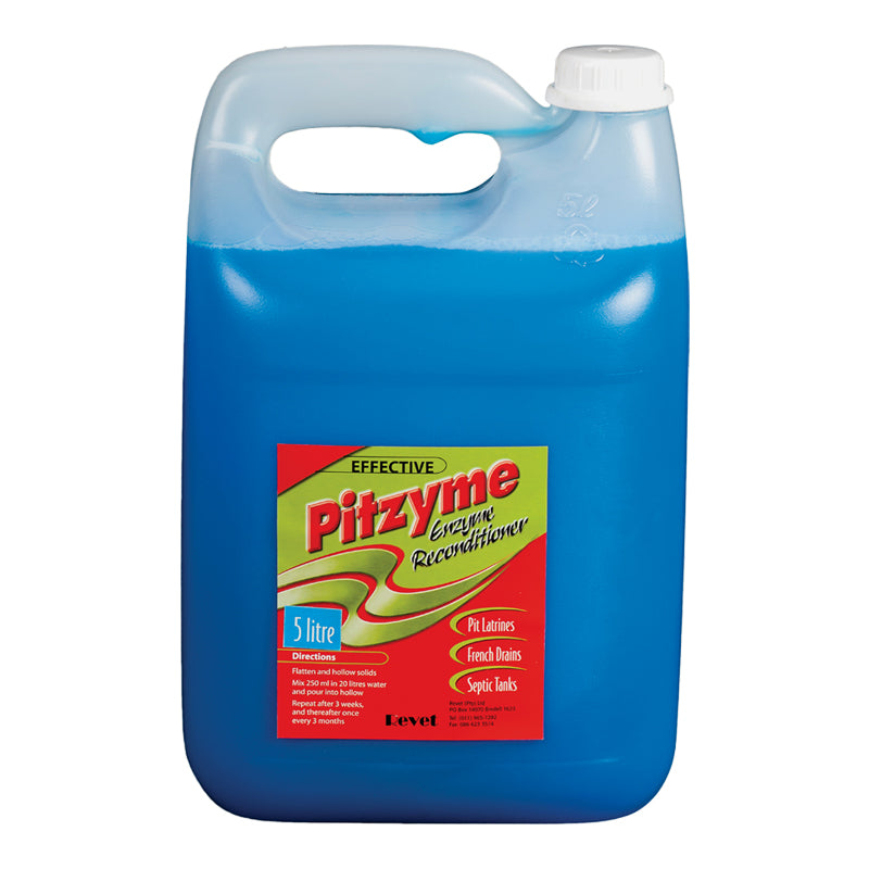 A 5-liter blue plastic container of Revet Pitzyme Reconditioner Enzyme with a white cap and label detailing product use and instructions.