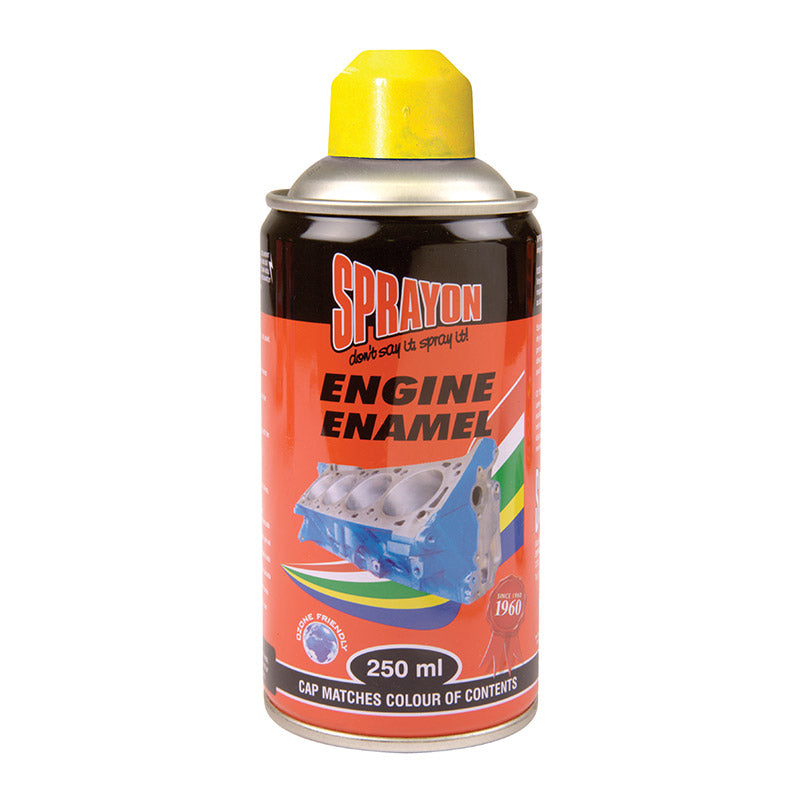 Sprayon Engine Enamel spray can with yellow cap on a white background
