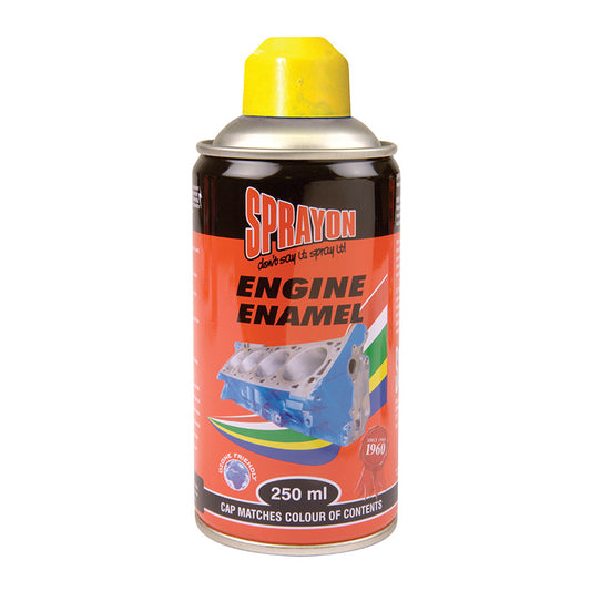Sprayon Engine Enamel spray can with yellow cap on a white background