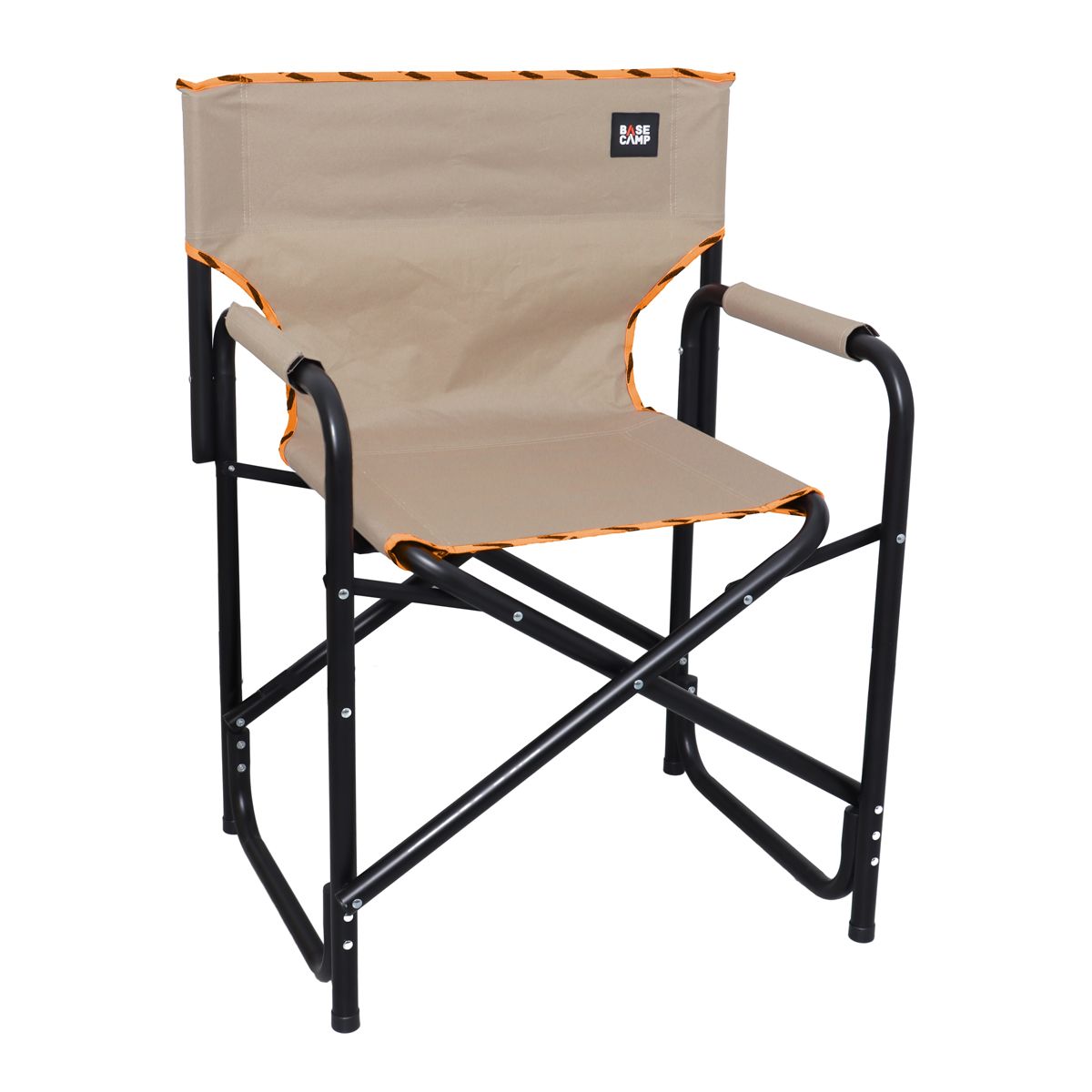 Beige camping chair with black frame and orange accents on a white background