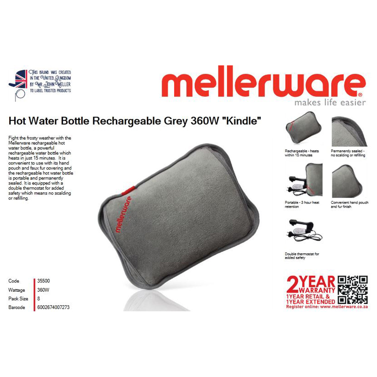 MELLERWARE HOT WATER BOTTLE KINDLE RECHA 360W GREY