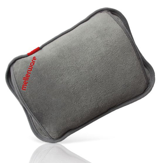 A gray Mellerware rechargeable hot water bottle with a red logo, hand pouch, and fleece finish.