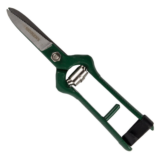 A pair of green Kaufmann grape harvesting shears with serrated edge blades.