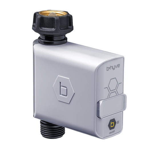 A gray Orbit B-Hyve Smart Hose Tap Timer with a black dial and a hexagonal shape, designed for garden and home use.