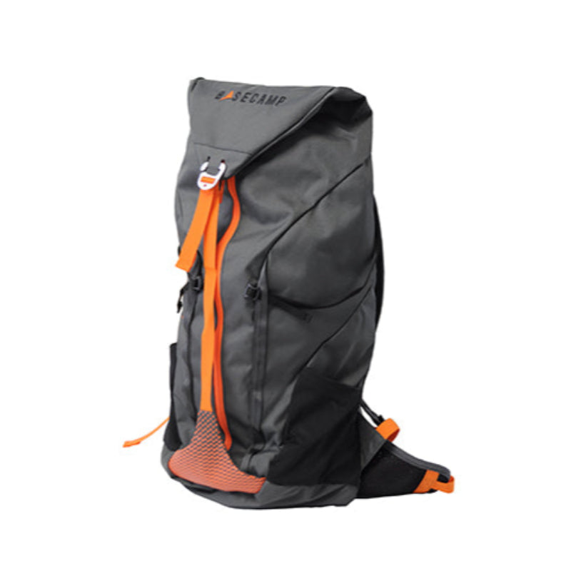 A gray Basecamp branded 35L hiking/safari backpack with orange accents, featuring multiple compartments and a roll-top design.