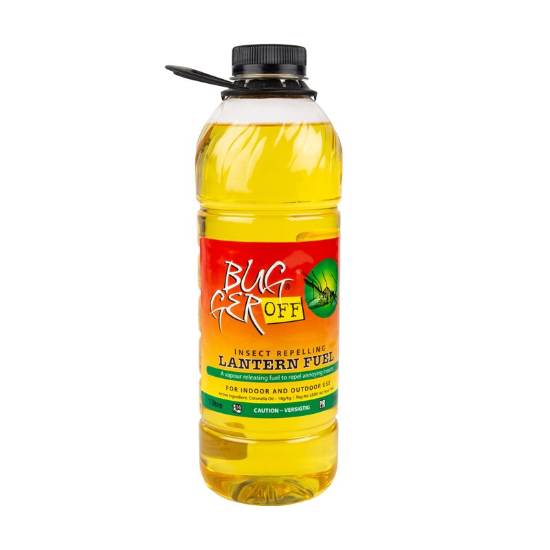 Bottle of Bugger Off insect repelling lantern fuel on a white background