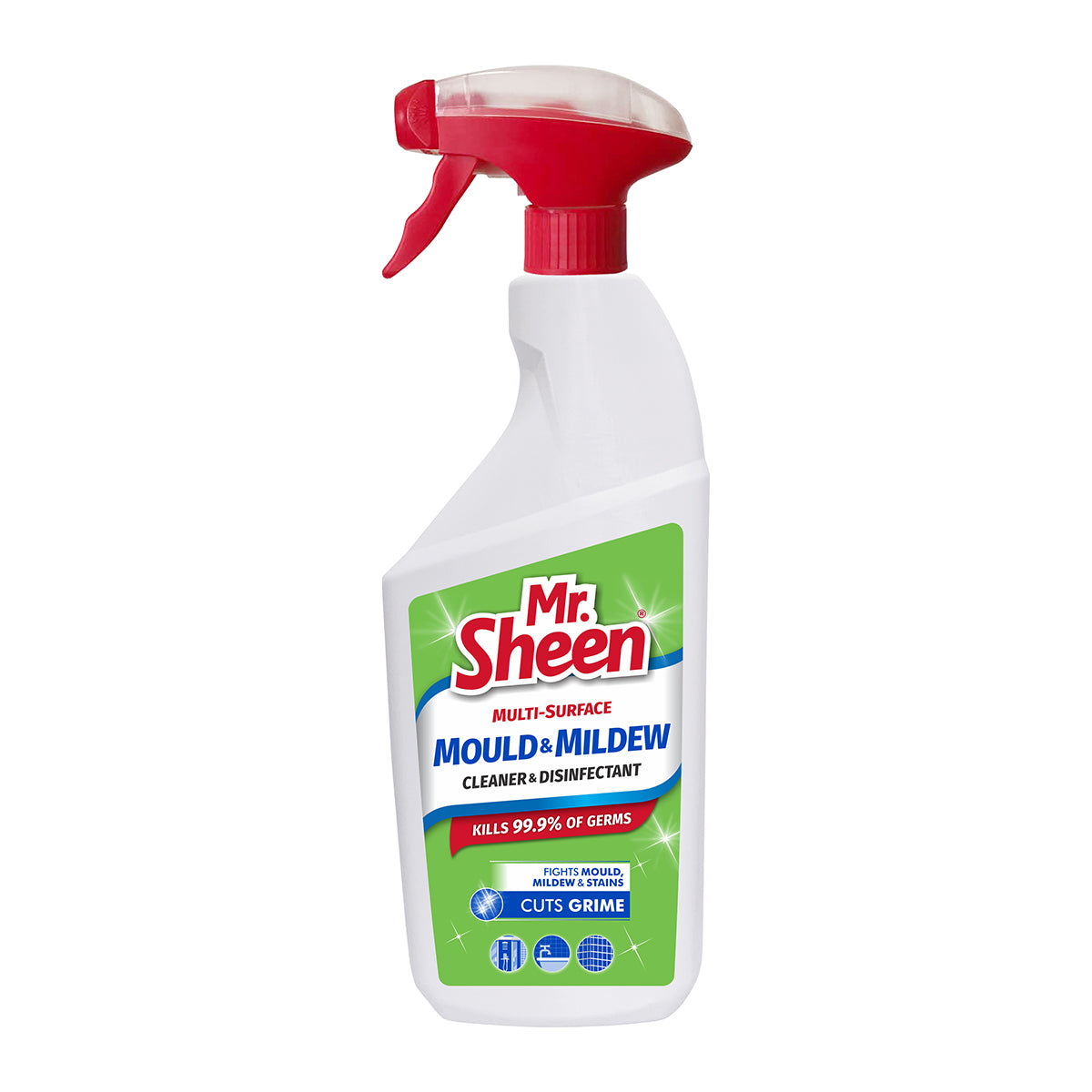 A bottle of Mr Sheen Multi-Surface Cleaner & Disinfectant with a red spray nozzle, labeled for cleaning and disinfecting surfaces with a hint of green color.