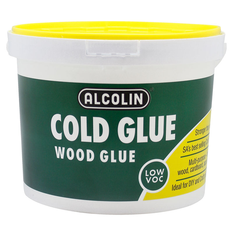 Alcolin cold glue wood glue container with green label and yellow lid on a white background