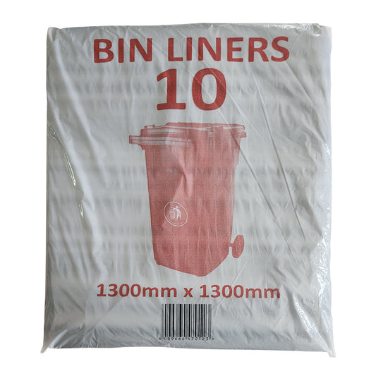 Pack of 10 black wheelie bin liners, 1300mm x 1300mm, in packaging.