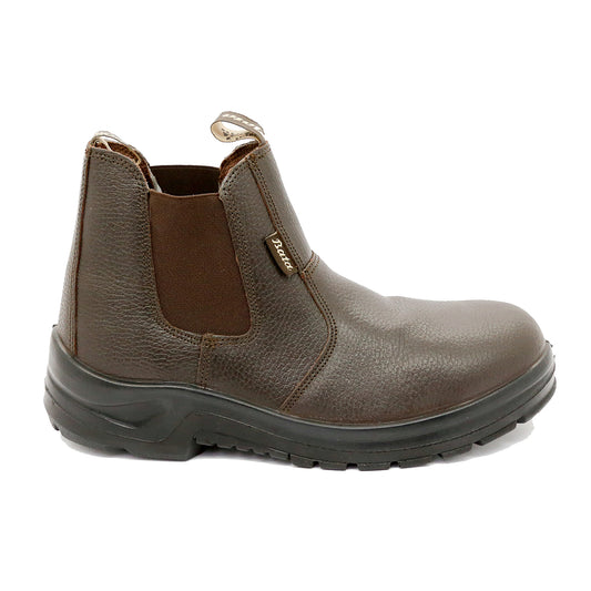 A brown, unisex slip-on safety boot with a steel toe cap.