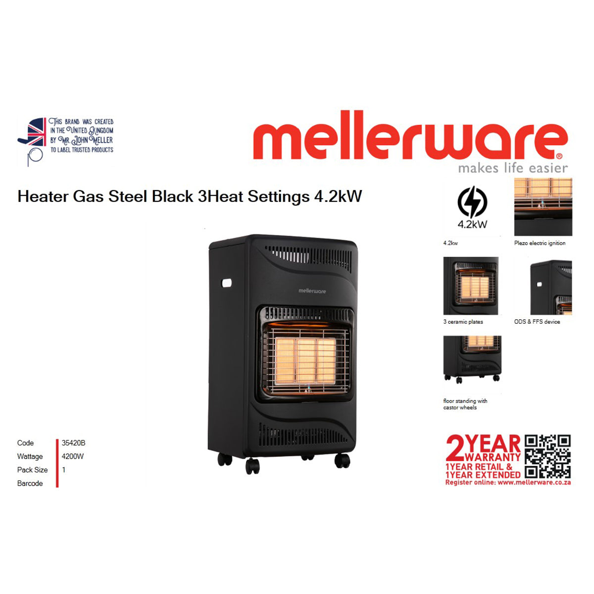 MELLERWARE GAS STEEL HEATER 3 SETTINGS BLACK 4.2KW