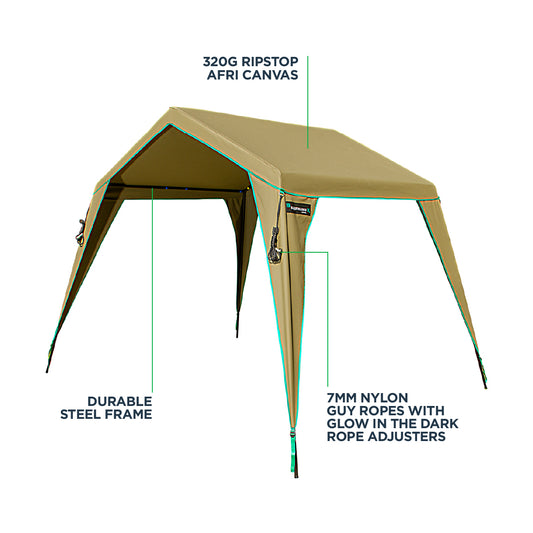 A gazebo made of green AFRI canvas with a sturdy steel frame, featuring glow ropes and a durable ripstop fabric.
