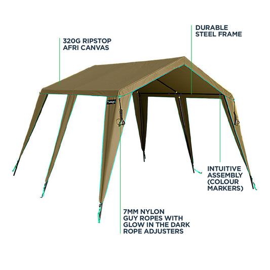 A Kaufmann X AFRI Canvas Gazebo Large with a durable steel frame and 320G Ripstop AFri Canvas covering, featuring intuitive assembly with glow in the dark rope adjusters and 7mm nylon guy ropes.