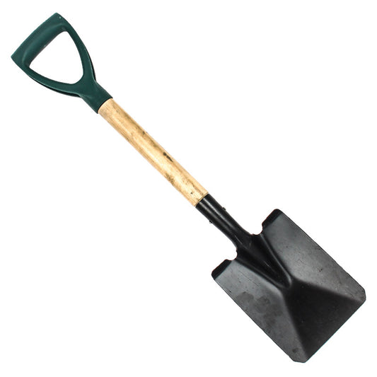 Shovel with green handle and black metal head on a white background