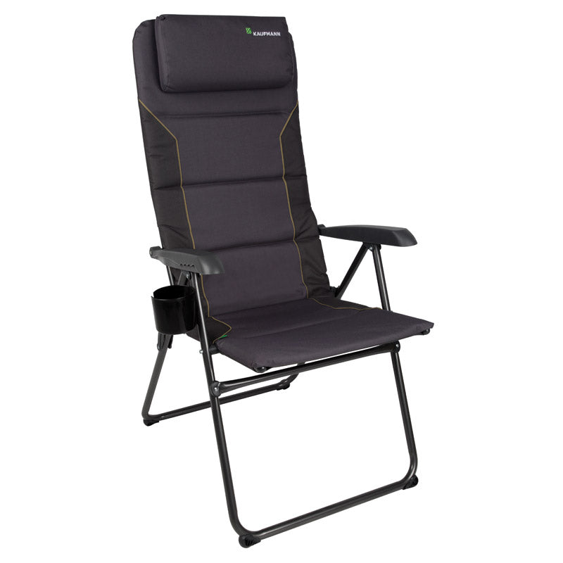Grey high back camping chair with cup holder on a white background